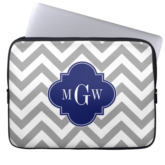Dk Grey Lg Chevron Navy Quatrefoil 3 Monogram Laptop Sleeve (Front)