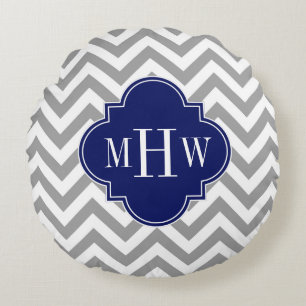 Dk Grey Lg Chevron Navy Quatrefoil 3 Monogram Round Pillow