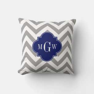 Dk Grey Lg Chevron Navy Quatrefoil 3 Monogram Throw Pillow