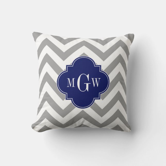 Dk Grey Lg Chevron Navy Quatrefoil 3 Monogram Throw Pillow (Front)