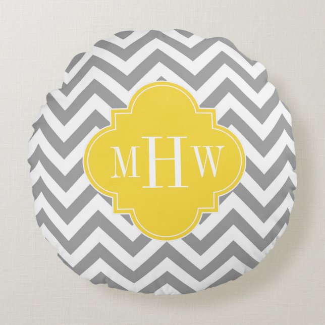 Dk Grey Lg Chevron Pineapple Quatrefoil 3 Monogram Round Pillow (Front)