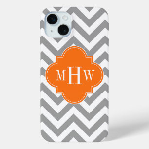 Dk Grey Lg Chevron Pumpkin Quatrefoil 3 Monogram iPhone 15 Mini Case