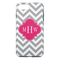 Dk Grey Lg Chevron Raspberry Quatrefoil 3 Monogram