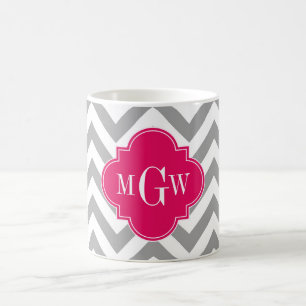 Dk Grey Lg Chevron Raspberry Quatrefoil 3 Monogram Coffee Mug