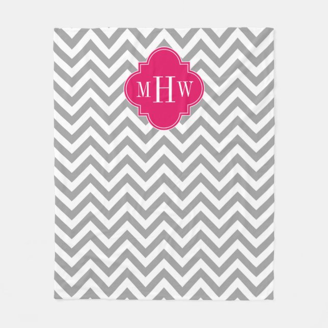 Dk Grey Lg Chevron Raspberry Quatrefoil 3 Monogram Fleece Blanket (Front)