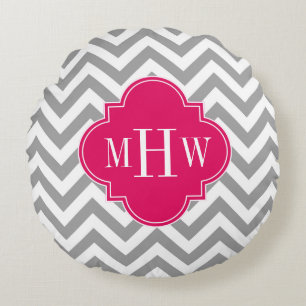 Dk Grey Lg Chevron Raspberry Quatrefoil 3 Monogram Round Pillow