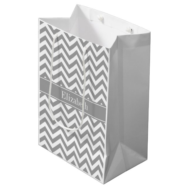 Dk Grey White LG Chevron Dk Grey Name Monogram Medium Gift Bag (Front Angled)