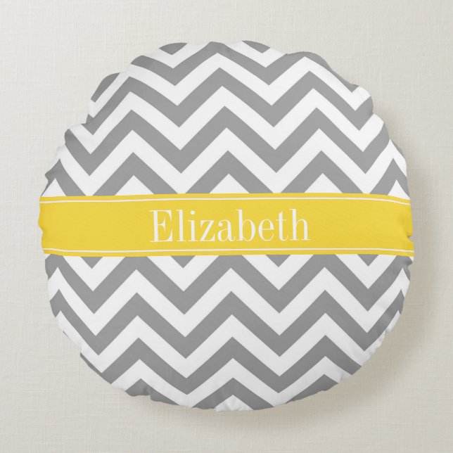 Dk Grey White LG Chevron Pineapple Name Monogram Round Pillow (Front)