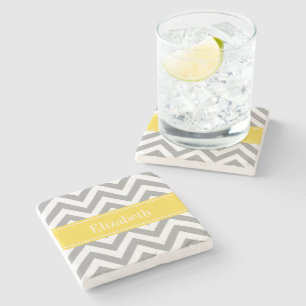 Dk Grey White LG Chevron Pineapple Name Monogram Stone Coaster