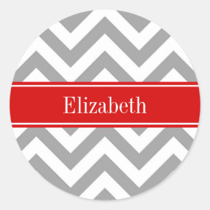 Dk Grey White LG Chevron Red Name Monogram Classic Round Sticker