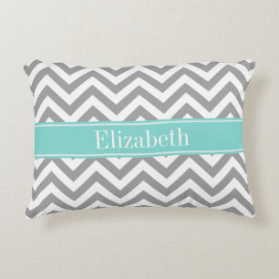 Dk Grey White LG Chevron Turquoise Name Monogram Accent Pillow