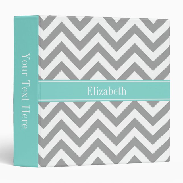 Dk Grey White LG Chevron Turquoise Name Monogram Binder (Front/Spine)