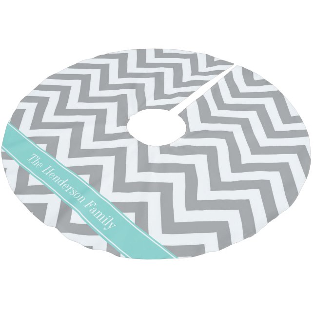 Dk Grey White LG Chevron Turquoise Name Monogram Brushed Polyester Tree Skirt (Angled)