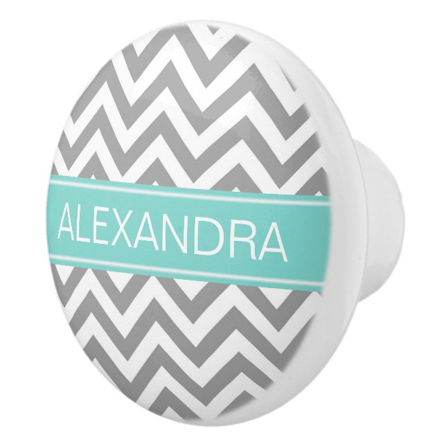 Dk Grey White LG Chevron Turquoise Name Monogram Ceramic Knob (Right)