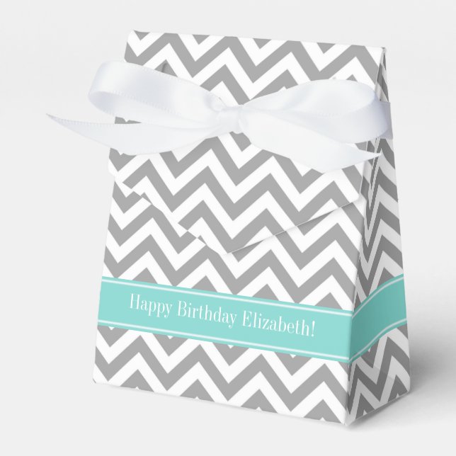 Dk Grey White LG Chevron Turquoise Name Monogram Favor Box (Front Side)