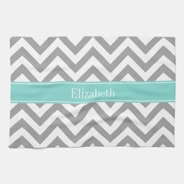 Dk Grey White LG Chevron Turquoise Name Monogram Kitchen Towel (Horizontal)