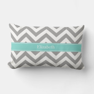 Dk Grey White LG Chevron Turquoise Name Monogram Lumbar Pillow