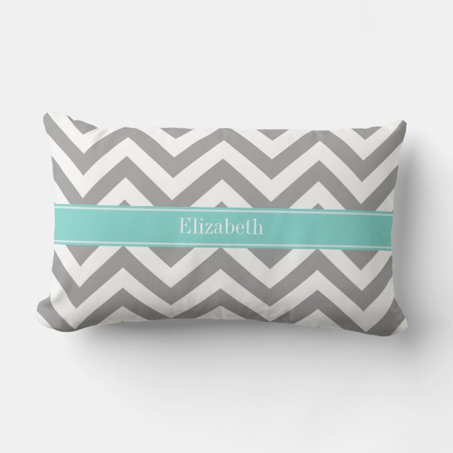 Dk Grey White LG Chevron Turquoise Name Monogram Lumbar Pillow (Front)