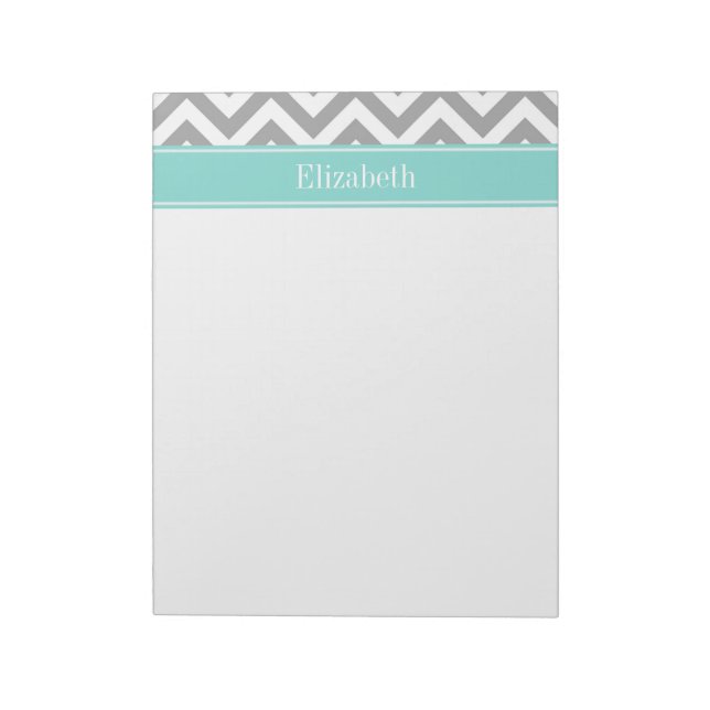 Dk Grey White LG Chevron Turquoise Name Monogram Notepad (Rotated)