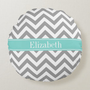 Dk Grey White LG Chevron Turquoise Name Monogram Round Pillow