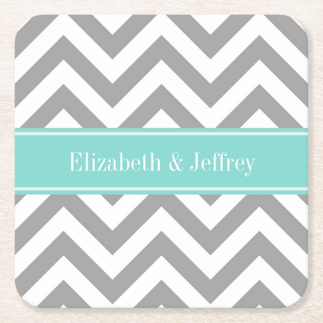 Dk Grey White LG Chevron Turquoise Name Monogram Square Paper Coaster (Front)