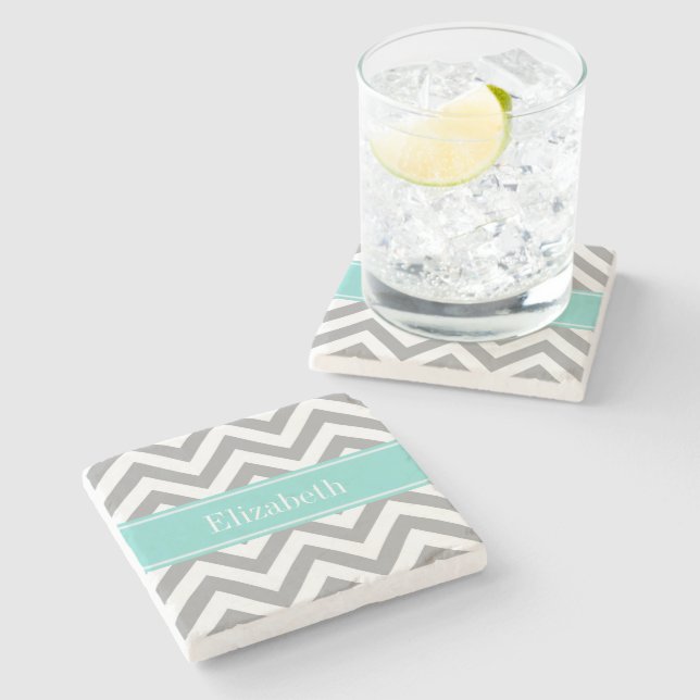Dk Grey White LG Chevron Turquoise Name Monogram Stone Coaster (Side)