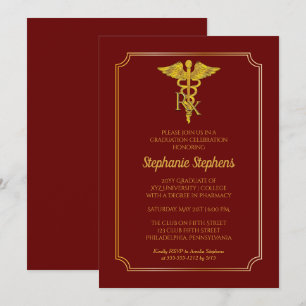 Dk Red   Gold Rx Pharmacy Graduation Party Invitation