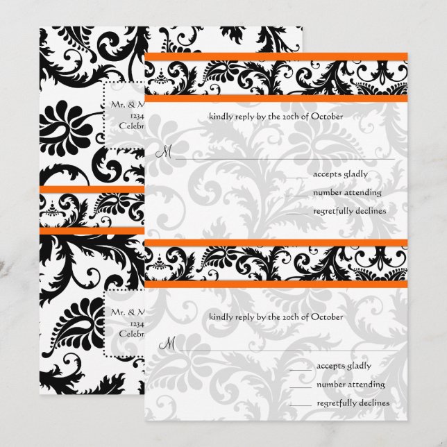 do-it-yourself Noir Damas Orange Faire-part de mar (Devant / Derrière)