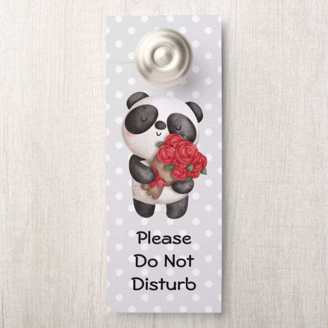 Do Not Disturb Cute Panda Bear with Rose Bouquet Door Hanger (On Knob)