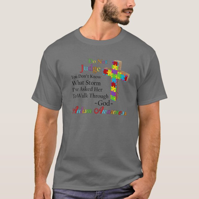 Do Not Judge Cross Puzzle Pieces Christian Autism T-Shirt (Front)