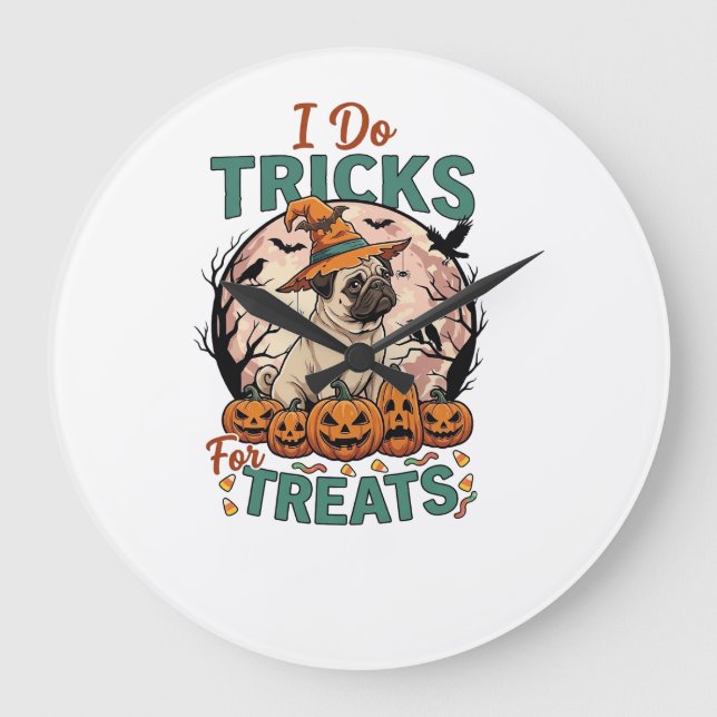 Do Tricks Treats Halloween Pug Witch Hat Pumpkins_ Large Clock (Front)