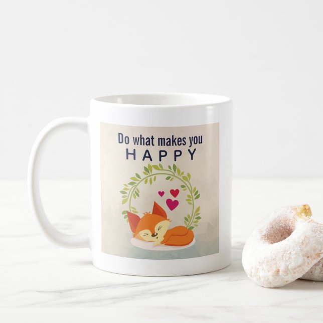 Do What Makes You Happy Sleeping Fox with Hearts Coffee Mug (With Donut)