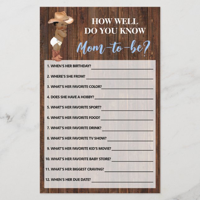 Do You Know Mom AA Cowboy Shower Game Card (Front)