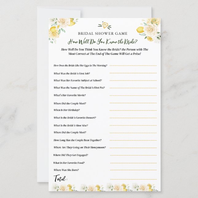 Do You Know the Bride Fun Bridal Shower Game (Front)