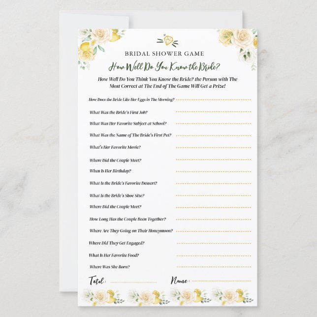 Do You Know the Bride Fun Bridal Shower Game (Front)