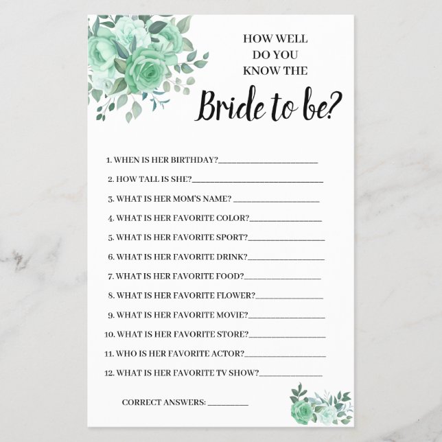 Do you know the Bride GreenRoses Shower Game Card (Front)