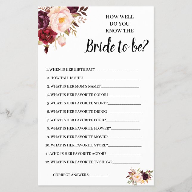 Do you know the Bride Marsala Shower Game Card (Front)
