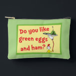 Do You Like Green Eggs and Ham? Accessory Pouch<br><div class="desc">This authentic Dr. Seuss design features a memorable moment from the classic children's book. The fun illustration showcases the persistent Sam-I-Am playfully balancing a platter of his famous dish high above his head on a long, bending pole. It includes the iconic question, "Do you like green eggs and ham?", perfectly...</div>