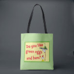 Do You Like Green Eggs and Ham? Tote Bag<br><div class="desc">This authentic Dr. Seuss design features a memorable moment from the classic children's book. The fun illustration showcases the persistent Sam-I-Am playfully balancing a platter of his famous dish high above his head on a long, bending pole. It includes the iconic question, "Do you like green eggs and ham?", perfectly...</div>