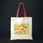 Do You Like Green Eggs and Ham? Tote Bag<br><div class="desc">This authentic Dr. Seuss design features a memorable moment from the classic children's book. The fun illustration showcases the persistent Sam-I-Am playfully balancing a platter of his famous dish high above his head on a long, bending pole. It includes the iconic question, "Do you like green eggs and ham?", perfectly...</div>