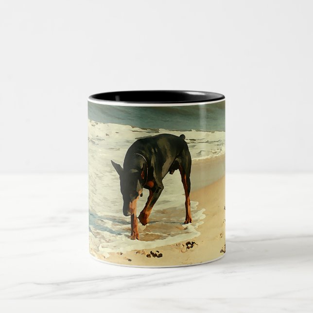Doberman at the Beach Painting Image Two-Tone Coffee Mug (Center)