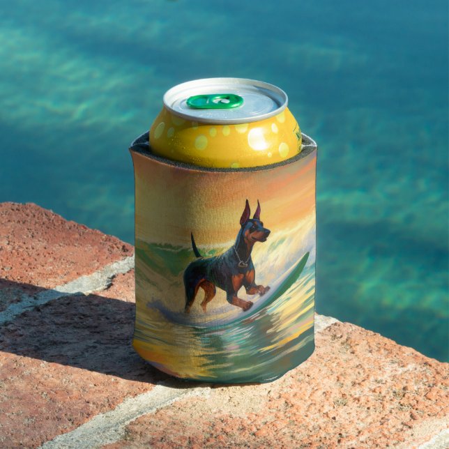 Doberman Beach Surfing Painting Can Cooler (In Situ Pool)