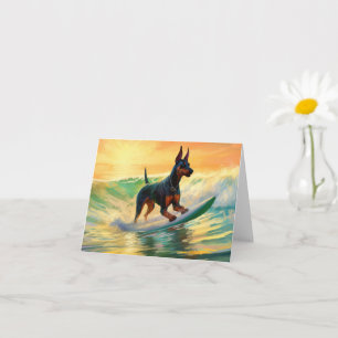 Doberman Beach Surfing Painting Card