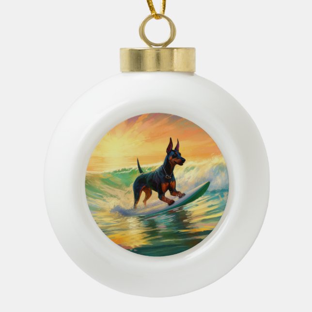 Doberman Beach Surfing Painting Ceramic Ball Christmas Ornament (Front)