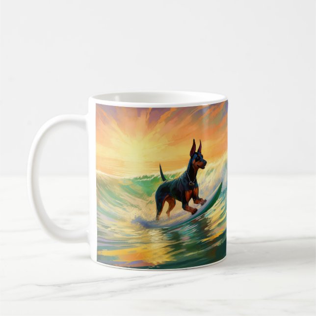Doberman Beach Surfing Painting Coffee Mug (Left)