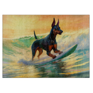Doberman Beach Surfing Painting Cutting Board