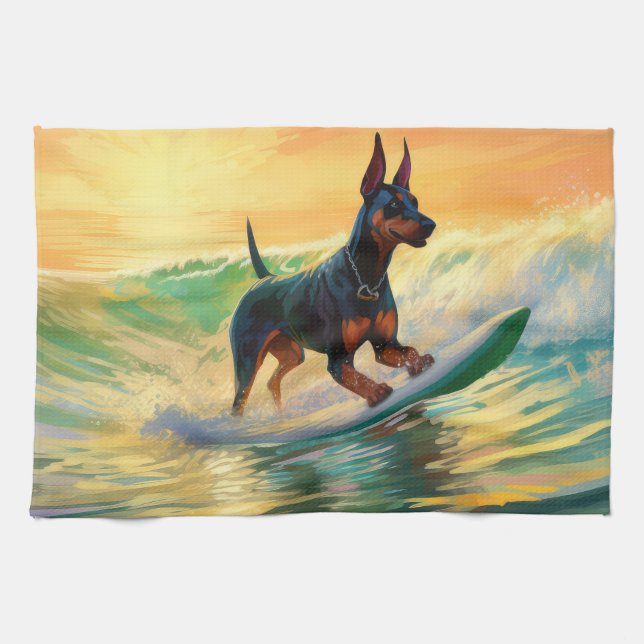 Doberman Beach Surfing Painting Kitchen Towel (Horizontal)