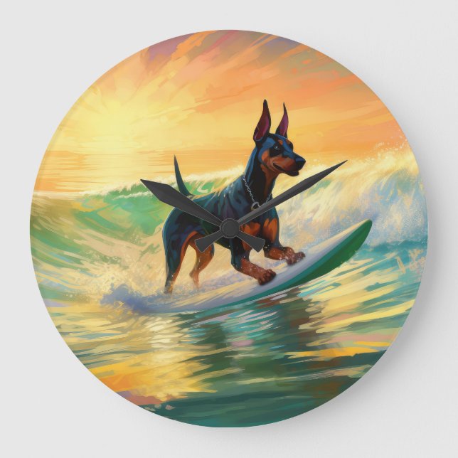 Doberman Beach Surfing Painting Large Clock (Front)