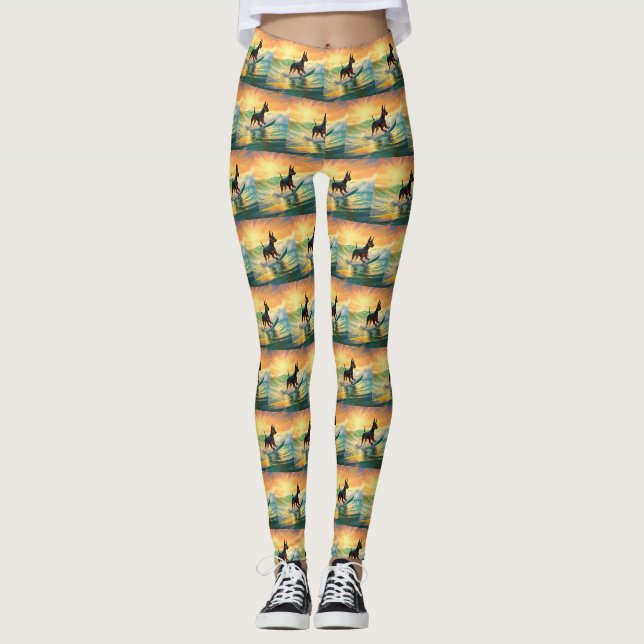 Doberman Beach Surfing Painting Leggings (Front)