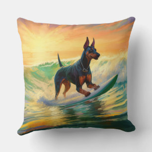 Doberman Beach Surfing Painting Throw Pillow